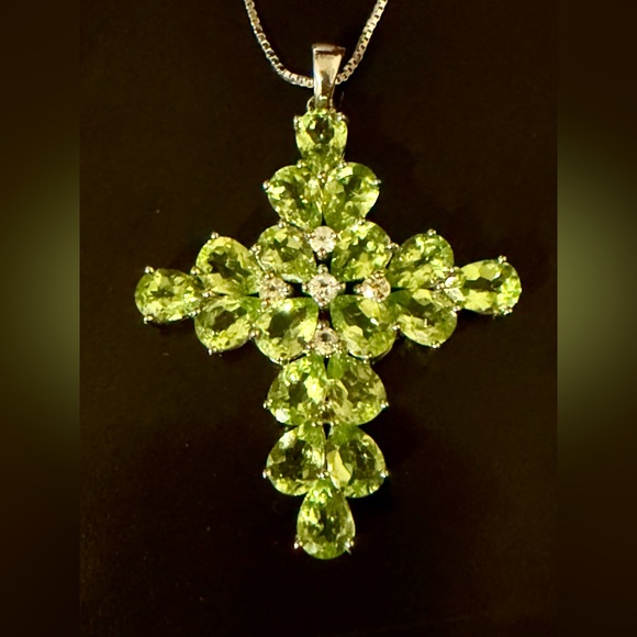 Jewelry - Sterling Silver 925 Peridot and White Topaz Gemstone Cross Pendant Necklace